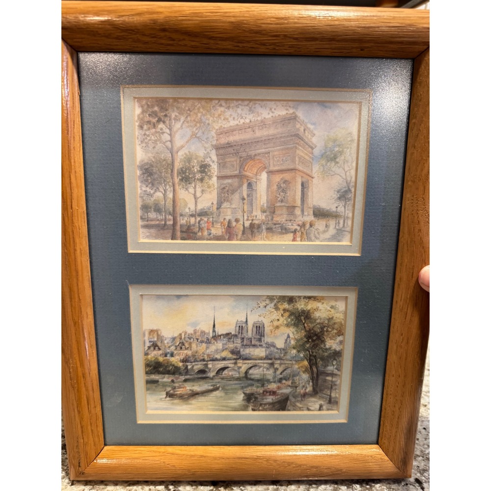 Paris Arc de Triomphe Notre Dame Framed Watercolor Prints Oak Wood Frame 10x12
